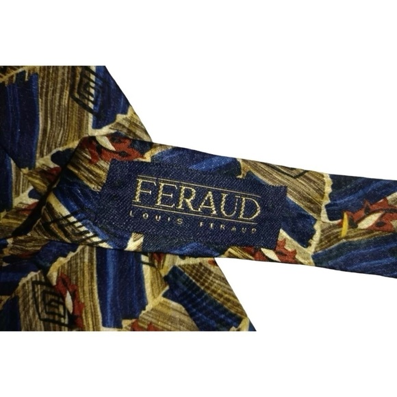 Vintage Louis Feraud Tie Imported Silk Leaves Autumn Blue Geometric Retro Art - Picture 3 of 4